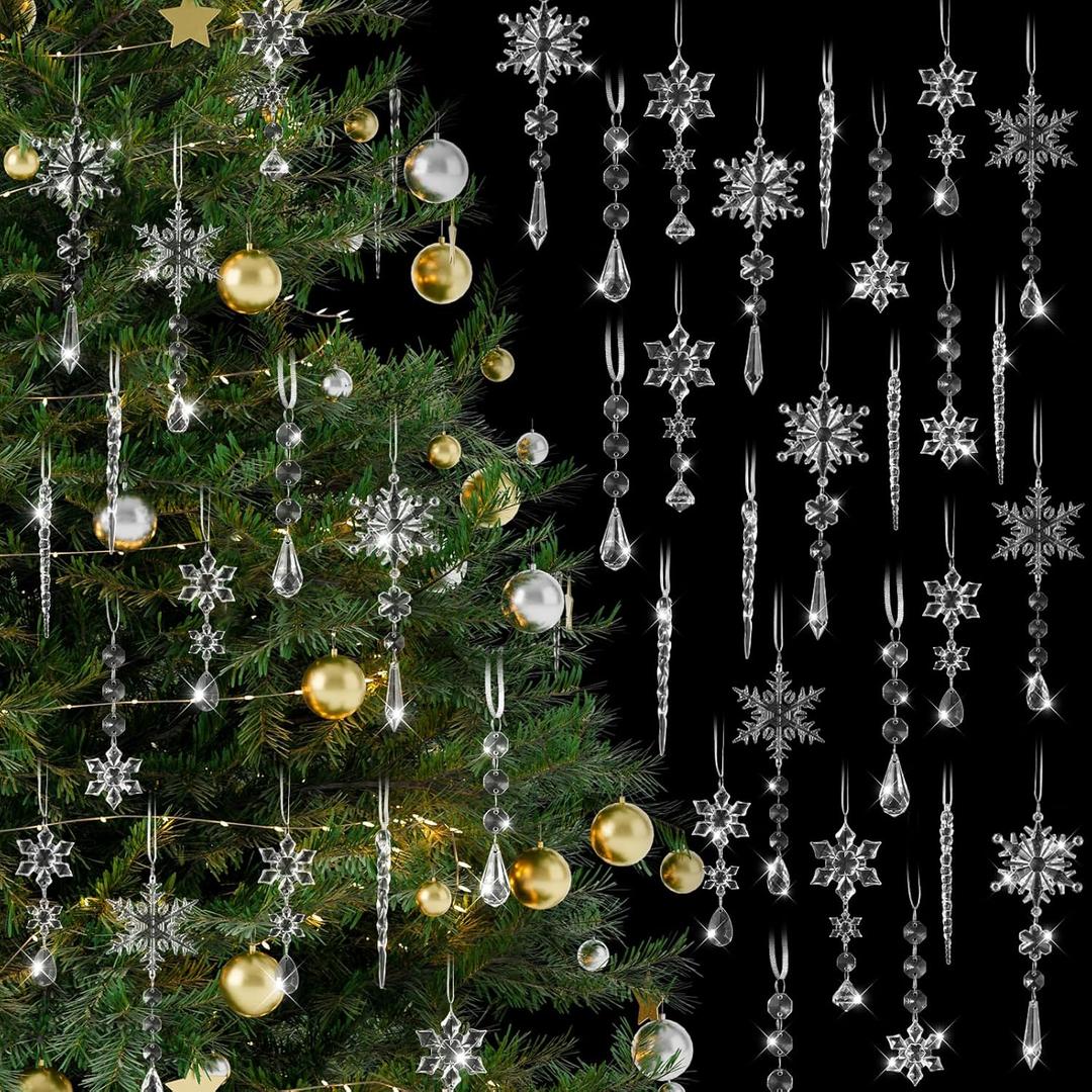 100 Pcs Christmas Tree Decoration Crystal Ornaments Hanging Snowflake Icicle Drop Crystal Christmas Ornaments for Tree Winter Wonderland Party Supplies (Clear)