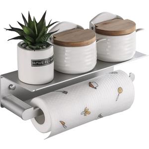 Paper Towel Holder with Shelf for Kitchen, Paper Towel Holder Wall Mount for Bathroom, Self-Adhesive Anti-Rust Aluminum, No Drill or Wall-Mounted with Screws (Dull Polished Silver)