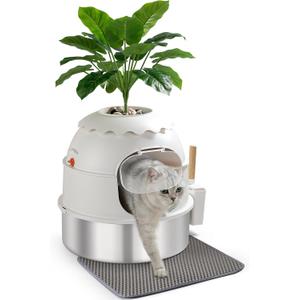 Hidden Litter Box, Stainless Steel Litter Box with Faux Plant Decor, Litter Box Enclosure with Clear Front Door, Includes Scoop & Litter Mat, Odor Control, Easy to Clean (White)