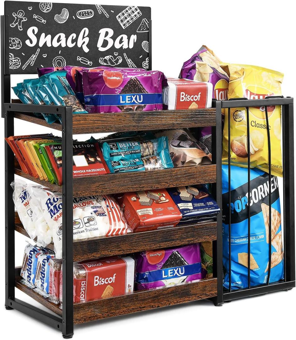 Candy Display Rack, 4 Tier Snack Display for Countertop,Wooden Counter Snack Organizer Frame Basket, Potato Chip Display Retail Display Shelf for Office, Store, Counter, Kitchen (Black)
