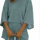 Tankaneo Womens Short Sets 2 Piece Outfits 3/4 Sleeve Tops and Elastic Waist Shorts Lounge Set Casual Loungewear (X-Large, Sea Blue)