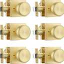 STARPY 6 Pack Brushed Gold Door Knob with Square Rosette, Heavy Duty Door Knob with Lock, Interior Door Handles for Bath & Bedroom (Satin Brass)