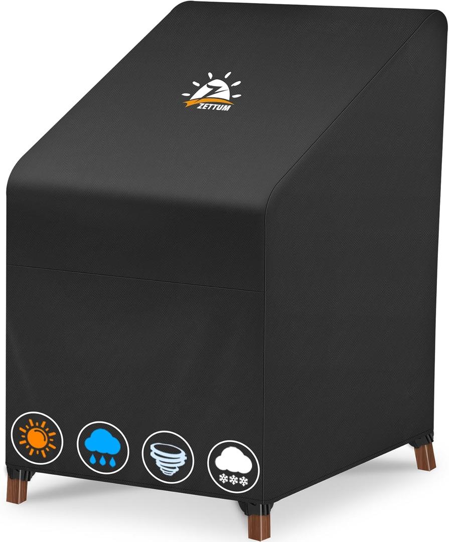 Zettum Stackable Patio Chair Cover - 600D Outdoor Chair Cover Waterproof & Heavy Duty, Lawn Furniture Stacking Seat Cover for 4 - 6 Outdoor Stackable Dining Chairs - 28 x 36 x 47 Inch (Black - 1 Pack)