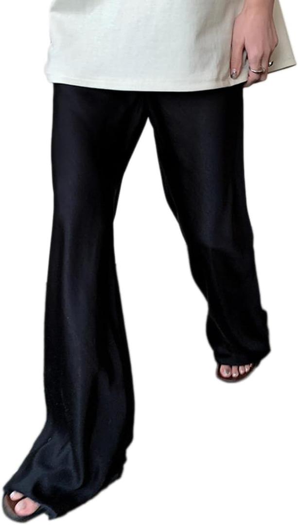 Women Satin Wide Leg Dress Pants Silk Casual Dressy Long Flowy Pants Elastic High Waisted Trousers (X-Small, Black)