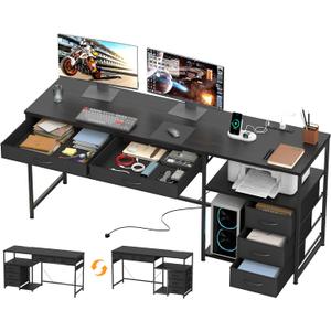 YOSHOOT 60" Computer Desk with 5 Fabric Drawers - Gaming Desk with Storage and Power Outlets, Home Office Desk for Adults and Teenagers Working Writing Study, Black, 18.9"D x 59.06"W x 30.71"H