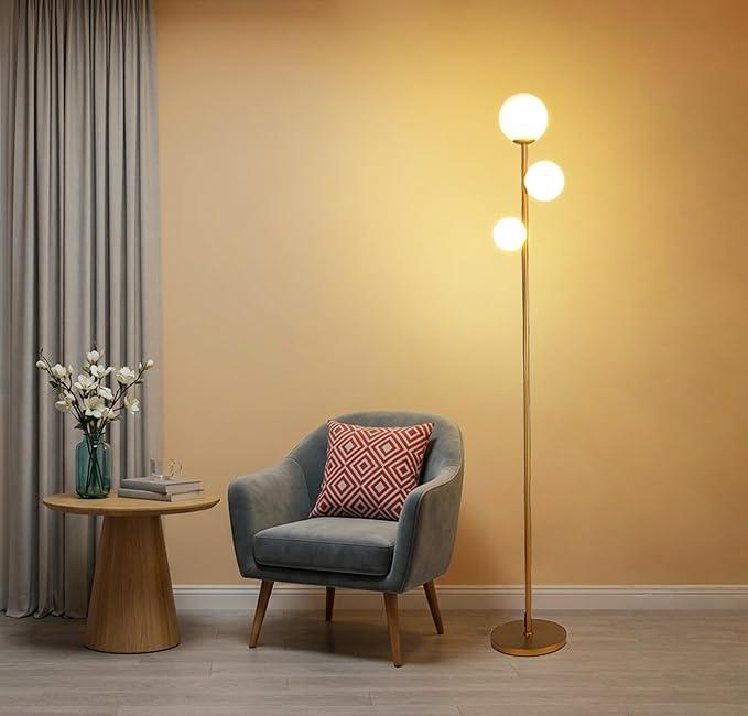 Fiqevs 3 Globe Mid Century Modern Floor Lamp for Living Room, Gold Floor Lamp with Frosted Glass Shade and LED Bulbs, Warm Light Standing Tall Pole Lamp for Bedrooms, Office  Antique Brass