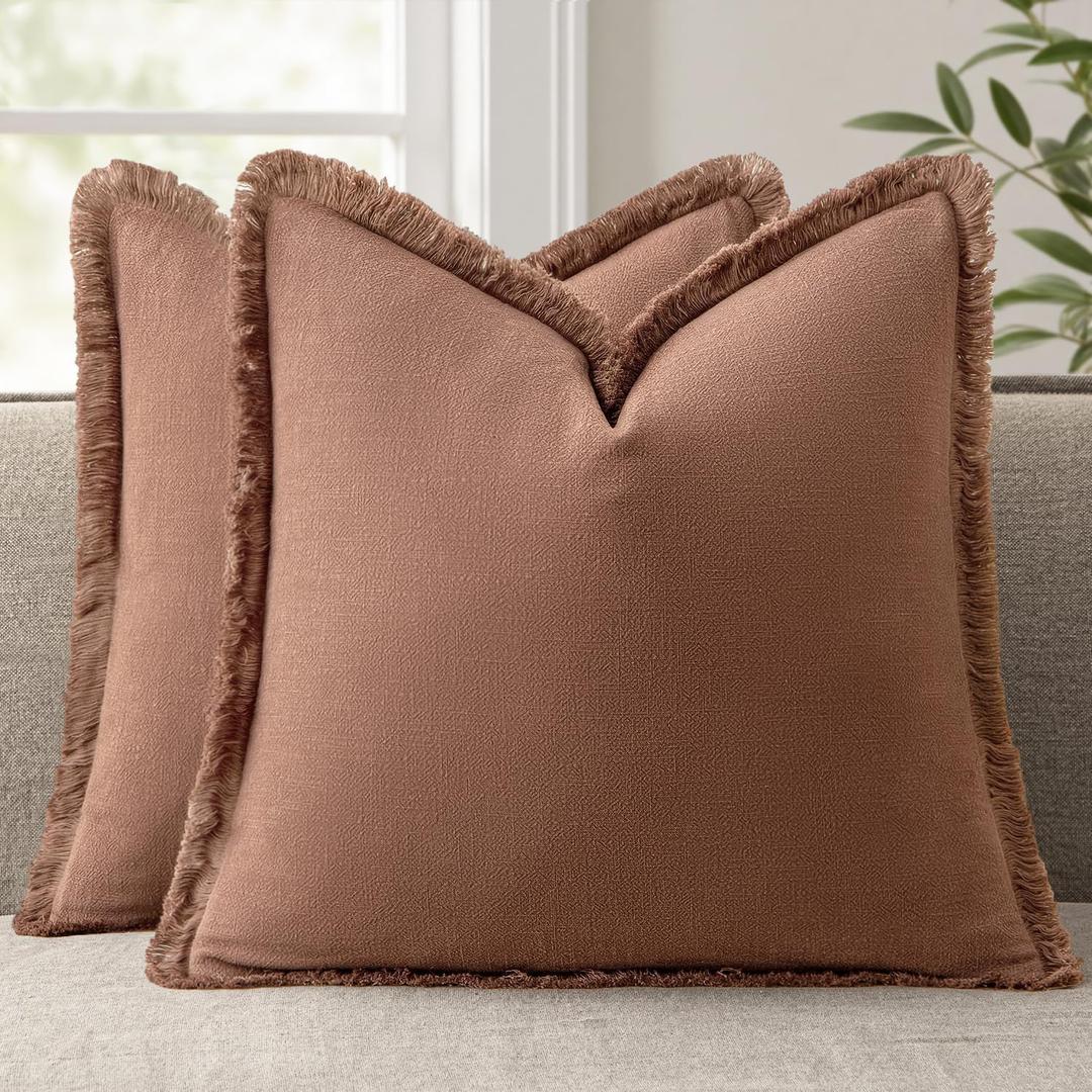 ANRODUO Set of 2 Decorative Throw Pillow Covers 24×24 Inch Soft Linen Fringe Farmhouse Boho Vintage Cushion Covers with Tassels Accent Pillowcase for Couch Sofa Bed Living Room Summer Home Decor Rust