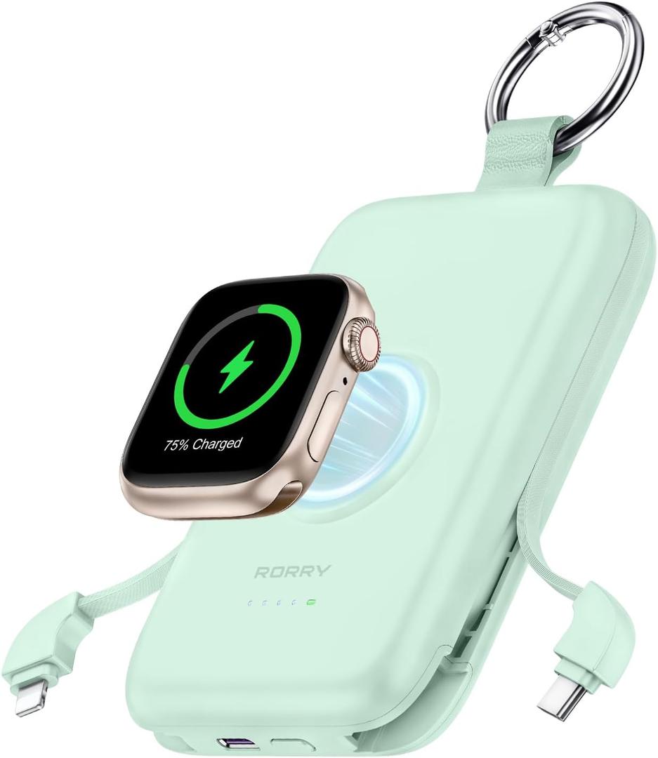 RORRY Portable Charger, 10000mAh PD 20W Fast Charging Portable Charger Power Bank with Built in Cables, Travel Battery Pack for iPhone and Apple Watch Ultra/11/10/9/8/7/6/5, Green
