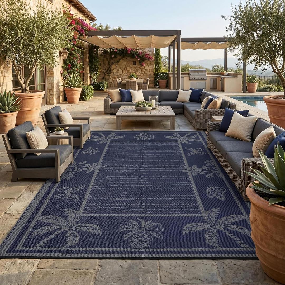 Garvee Outdoor Rug 9x12 Waterproof for Patios, Reversible Plastic Straw Rug, Tropical Leaf Indoor Outdoor Rugs, Large Area Rug for RV, Camping, Deck, Picnic Mat, Outside Carpet