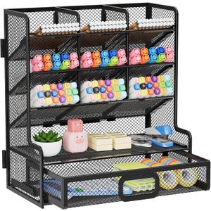 Marbrasse Larger Mesh Desk Organizer with Drawer, Multi-Functional Pen Pencil Holder, Easy Assembly, Desk Organizers and Accessories for Office Art Supplies (Black)