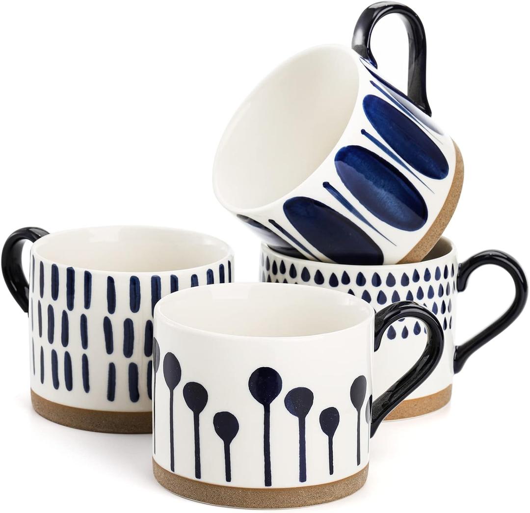 SOUJOY Set of 4 Porcelain Coffee Mugs, 15 Oz Hand Painted Coffee Cups with Handles, Large Glazed Stoneware Mugs for Tea, Hot or Cold Drinks, Best Gifts for Birthday, Thanksgiving, Christmas
