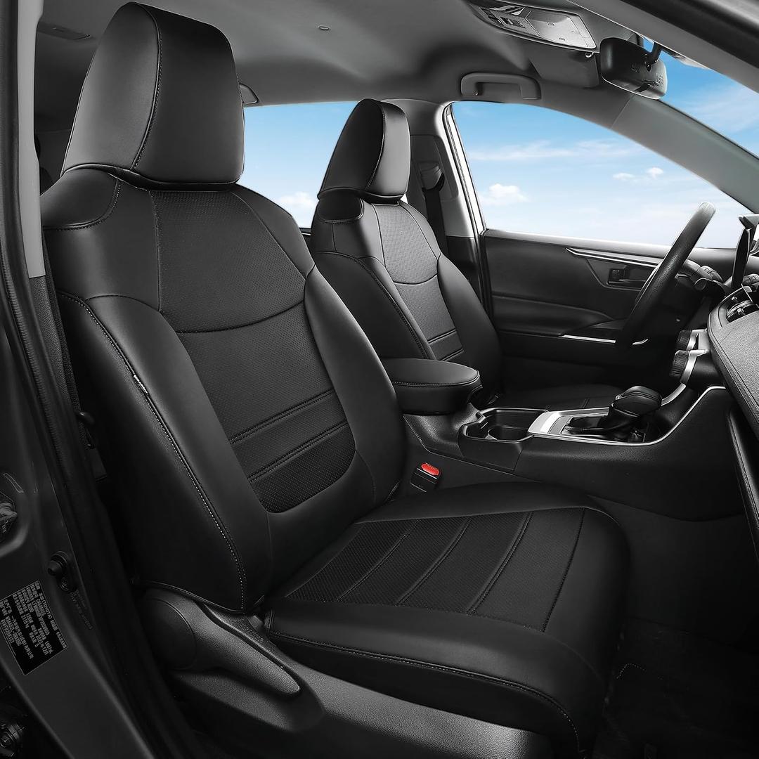 FREESOO Custom Fit RAV4 Seat Covers for Toyota RAV 4 2025-2019 Gasoline LE XLE Premium Limited, Faux Leather, 4‑Layer Waterproof, F/R Headrest, Airbag Deployment Compatible, Durable, Black Full Set