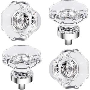 4 Pcs Glass Crystal Cabinet Knobs Polished Chrome, Octagon Clear Cabinet Drawer Pulls for Kitchen Dresser Bathroom Cupboard