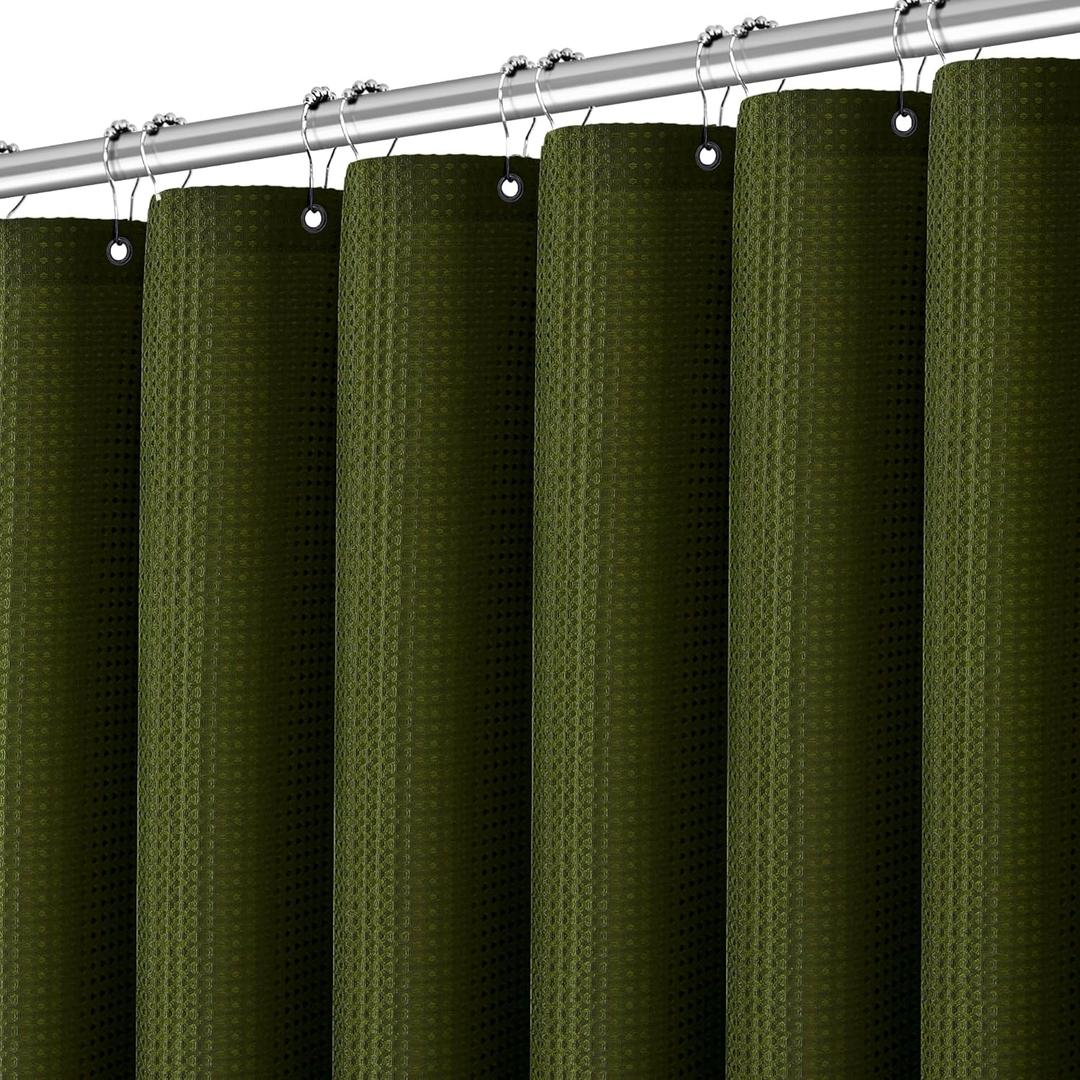 PANGSINNE Extra Long Dark Green Waffle Shower Curtain, Heavy Duty 256GSM Fabric Curtains with Weave Hotel Quality Bathroom Curtains, 72 x 84 Inches