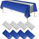8Pack Disposable Plastic Tablecloths and Satin Table Runner Set Blue and Silver Dot Tablecloth Silver Satin Table Runner for Wedding Birthday Baby Shower Anniversary Christmas New Year Party Supplies