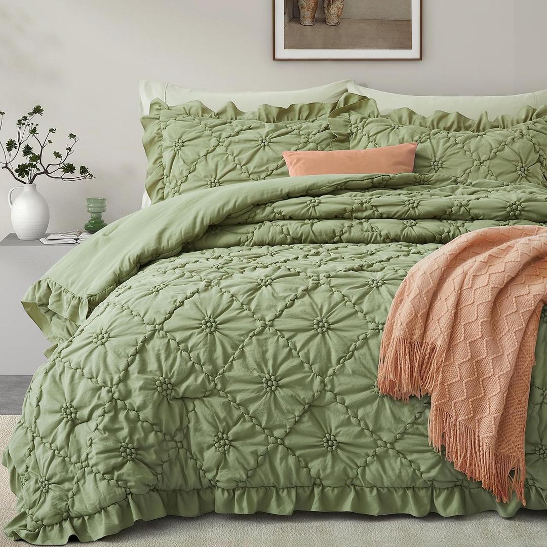 BEDAZZLED Queen Size Comforter Sets, Green Bedding Comforter Set, 3 Pieces Pinch Pleat Bedding Sets with Comforter and Pillowcases Soft Farmhouse Shabby Chic Comforter for All Season (Queen(90*88))