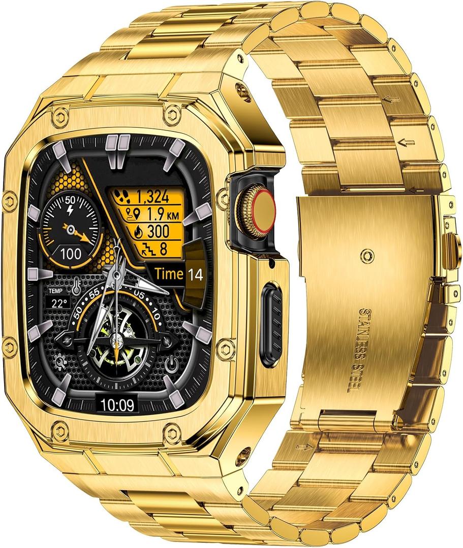 BAITEYOU Stainless Steel Watch Band with Case Compatible with Apple Watch Series 9 8 7 (45mm), Rugged Strap with Metal Protective Bumper Cover for iWatch Bands Men (Gold)