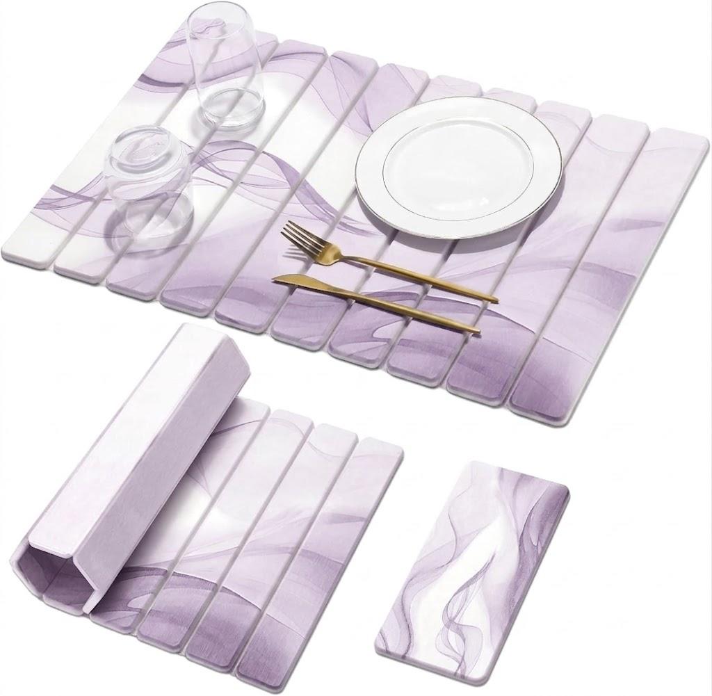 Large Stone Dish Drying Mat for Kitchen Counter, 2 PCS Quick Dry Stone Mats, Foldable Water Absorbing Diatomaceous Earth Drying Dishes Pad for Countertop Bottle Utensil Cup(Purple 24"16"&8"x4")