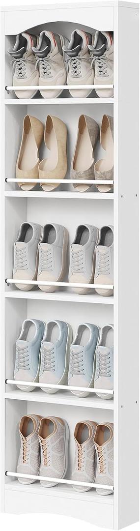 YATINEY Tall Narrow Shoe Rack, Vertical Behind Door Shoe Organizer, White | Wooden Skinny Shoe Shelf with Open Storage for Small Spaces, 6-tier Shoe Storage for Standing Shoes, Space Saving