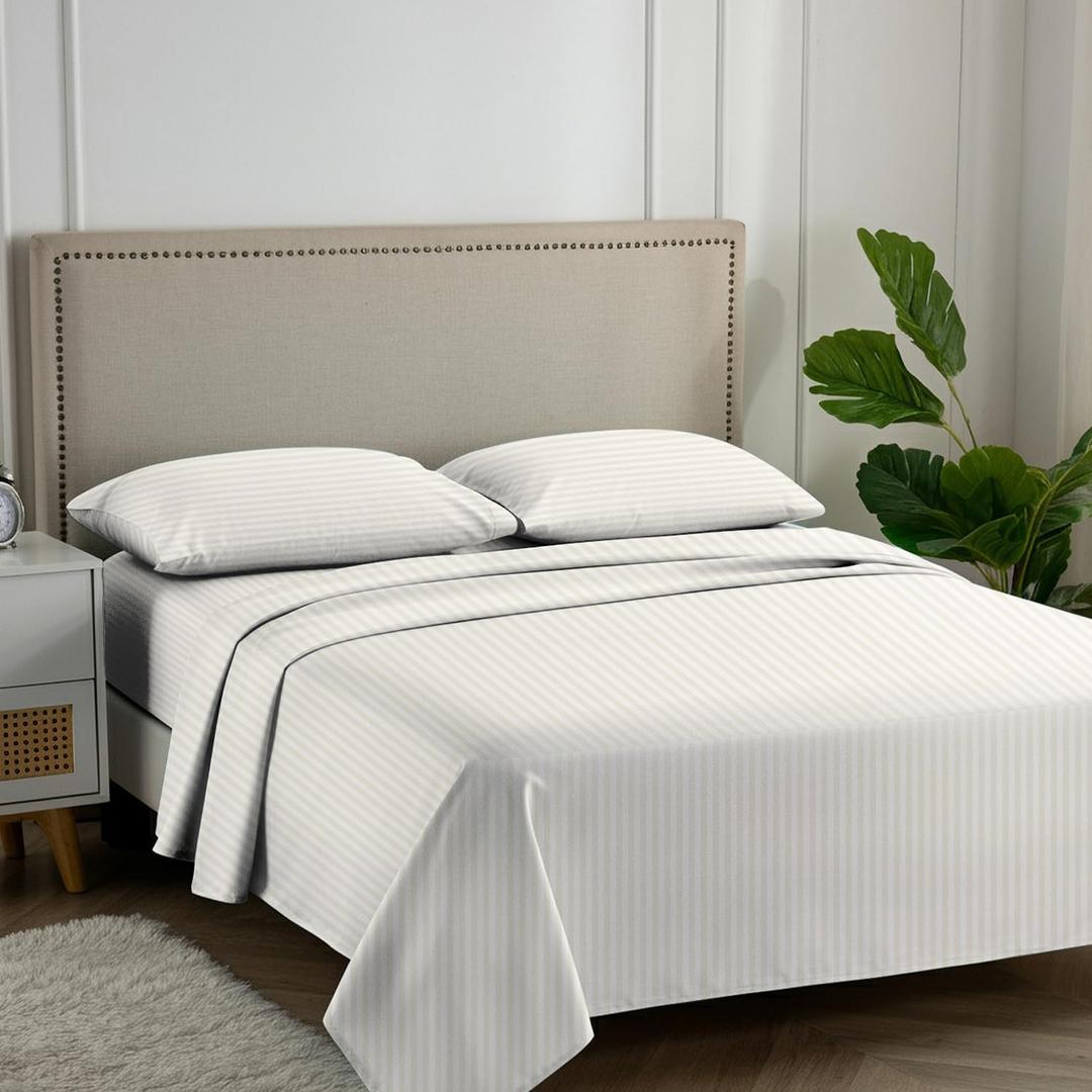 Carressa Linen Luxury Egyptian Cotton King Stripe Sheet Set, 600 Thread Count Extra Long Staple 4 PC Set, King Damask Sheets, Soft, Cooling Sateen Weave Striped Sheets Upto 18" Deep Pocket - Ivory