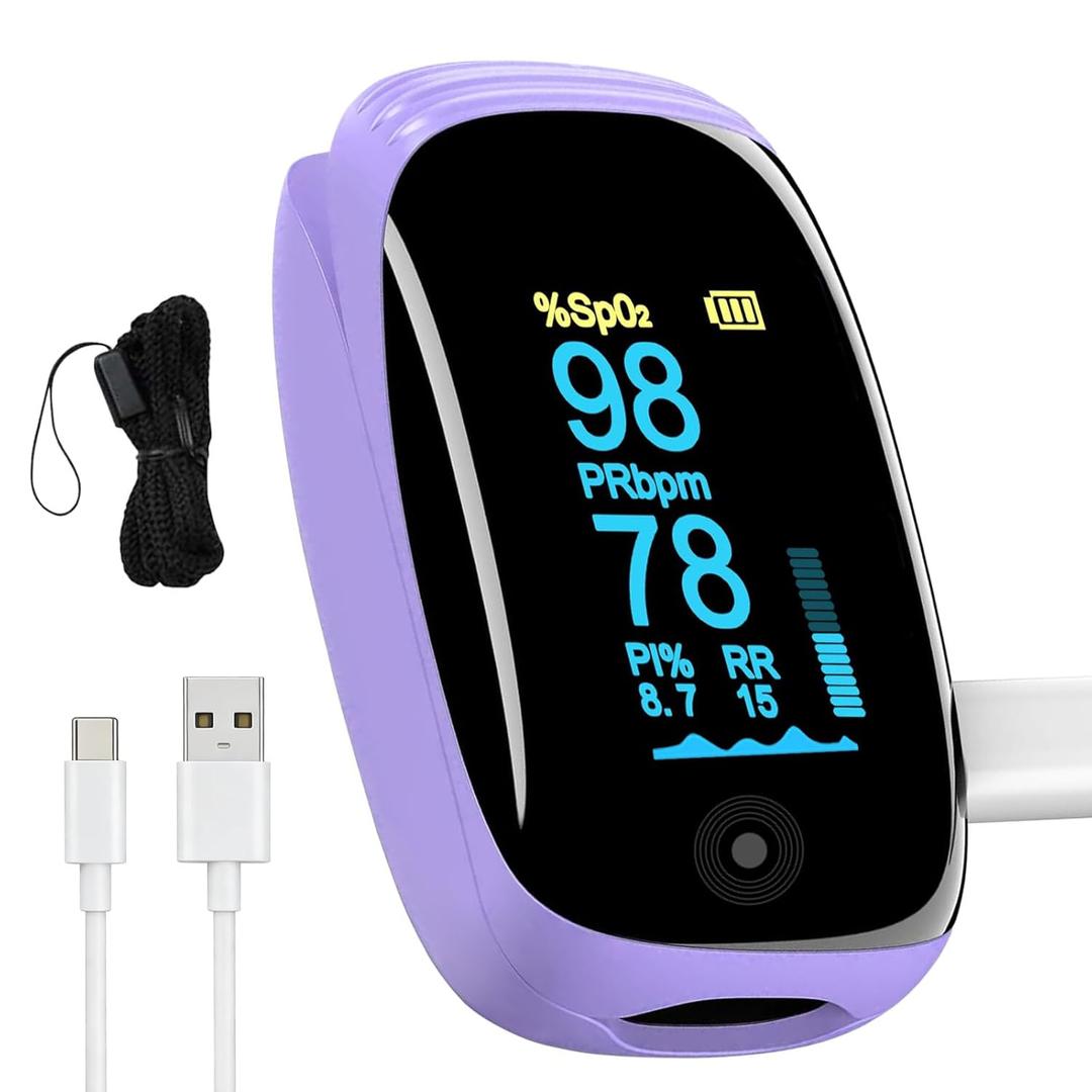 Rechargeable pulse oximeter with respiration , with SpO2 Pulse Rate and PI RR Precision Fast Oximeter SpO2 Reading Outdoor Sports Home (Purple)