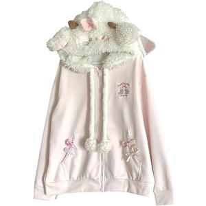 Lunoakvo Women Kawaii Zip Up Hoodie Girls Cute Sheep Cartoon Embroidery Harajuku Long Sleeve Hooded Pullover Sweatshirt Pink, M