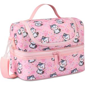 Kasqo Lunch Box Bag for Girls, 6.5L Insulated Mini Cooler Bag Kids Lunch Tote with Dual Compartments, Pink Cat