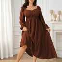 SCOMCHIC Women's Plus Size Wedding Guest Cocktail Dresses Fall Sweetheart Neckline Long Sleeve A Line Formal Maxi Dress (Orange, XL)
