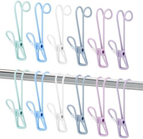 Sekonow 12 Pack Clothes Pins with Hooks, Hanging Clips Anti Rust Metal Laundry Hooks, Multifunctional Hanger Clips for Towels Socks Outdoor Clothesline Closet