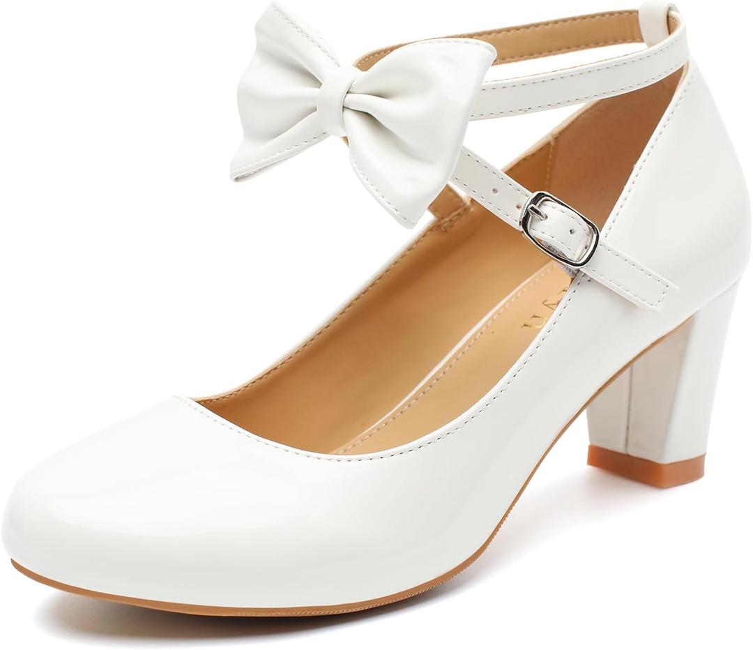 Rjclyh Women's Cute Bow Chunky Heels Mary Jane Pumps Cross Strap Block Dress Shoes for Wedding Bridal Party Prom White Patent Leather US 8