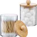2 Pack Qtip Holder Dispenser with Bamboo Lids - 10 oz Clear Plastic Apothecary Jar Containers for Vanity Makeup Organizer Storage - Bathroom Accessories Set for Cotton Swab, Ball, Pads, Floss