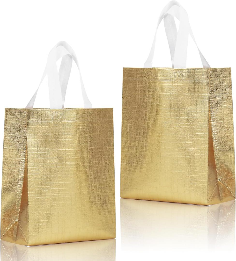 16 Pcs Metallic Bling Small Gift Bags Bulk with Cardboard Bases, Glossy Gold Reusable Party Bags for Birthday, Wedding, Christmas, Parties- 10.2x3.9x8.3 In