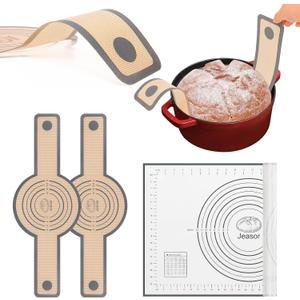 3 PCS Silicone Baking Mat Set, Silicone Bread Sling for Dutch Oven, Reusable Sourdough Bread Baking Supplies, Non-Stick and Easy Clean, with Long Handles (Gray)