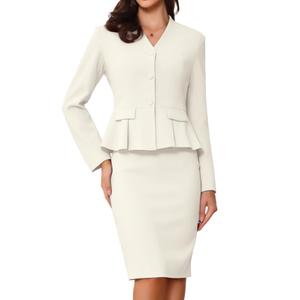 Allegra K 2 Piece Skirt Sets for Women Long Sleeve Blazer and Pencil Skirt Business Suits, Large, Cream White