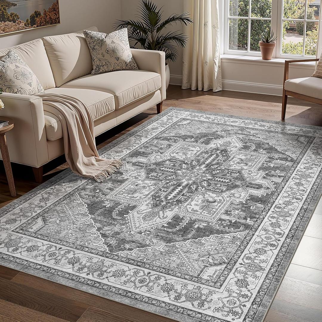 WITSHOCK Living Room Area Rugs 5x7: Washable Rug Boho Soft Non-Slip Low Pile Stain Resistant Foldable Carpet for Bedroom Playroom Dining Room Office Kitchen Farmhouse Home Decor Rug-Gray