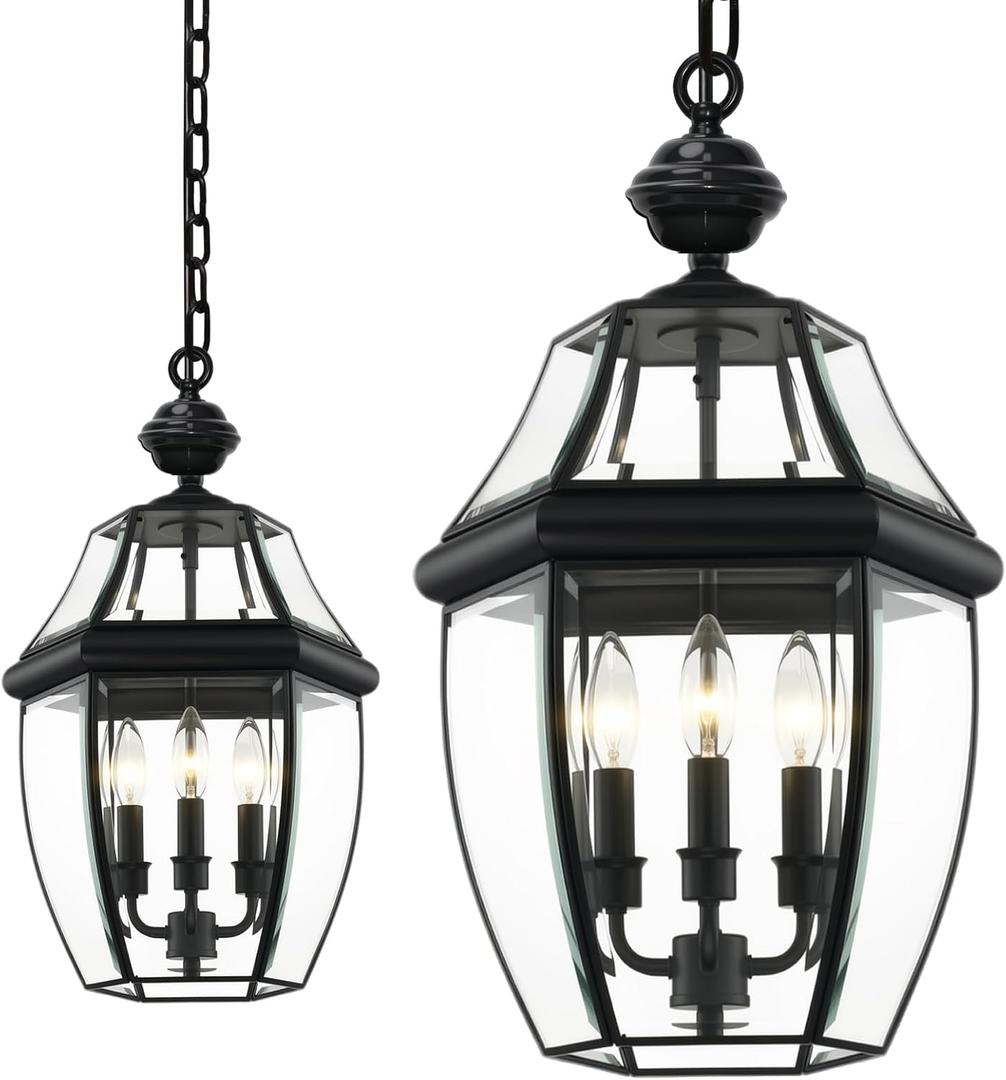 3-Light Outdoor Pendant Light, 20 Inch Black Waterproof Porch Lantern, Modern Hanging Light with Clear Glass, Weather Resistant for Front Door, Patio, Gazebo