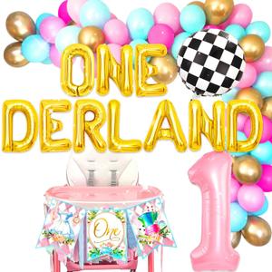 LaVenty Alice in Onederland 1st Birthday Backdrop Alice in Onederland Party Supplies Alice in Onederland Banner Balloons First Birthday Decoration