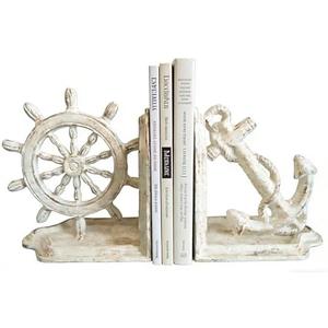 Anchor Bookends Decorative, Anchor and Nautical Ship Wheel Bookends Set,Heavy Duty Cast Iron Book Holder, Book Ends for Shelves Living Room Home Office, Antique Blue, 1 Pair/2Pieces (Antique White)