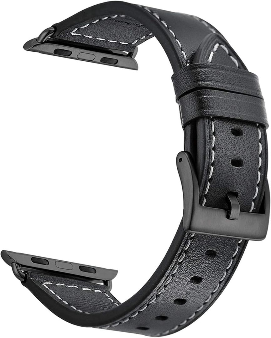 Compatible with Apple Watch Series 11 10 46mm Strap Genuine Leather Replacement Watchband with Gun Metal Hardware for Apple Watch Series 9 8 7 45mm 6 SE 5 4 44mm 3 2 1 42mm, Black