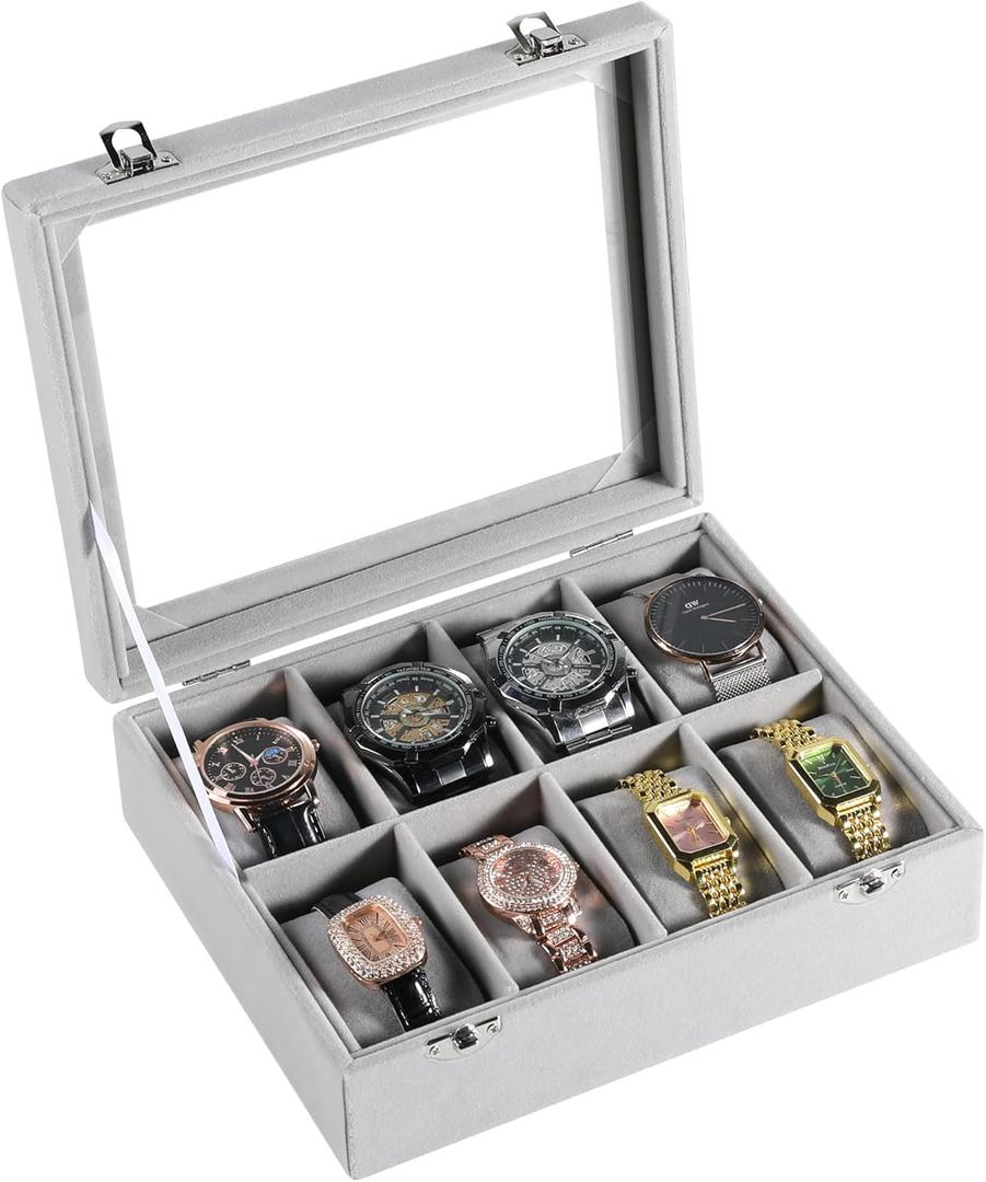 Frebeauty 8-Slot Watch Box,Velvet Watch Case with Glass Lid,Watch Organizer Box for Men and Women,Lockable Watch Storage,Watch Display Case,Ideal Gift(Grey)