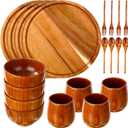 20 Pcs Acacia Wood Dinnerware Set 11.6 Inch Round Wooden Plates Bowls Tea Cups Fork Spoons Acacia Wood Tableware Supplies Easy Cleaning Lightweight for Dishes Snack Dessert, 4 Set