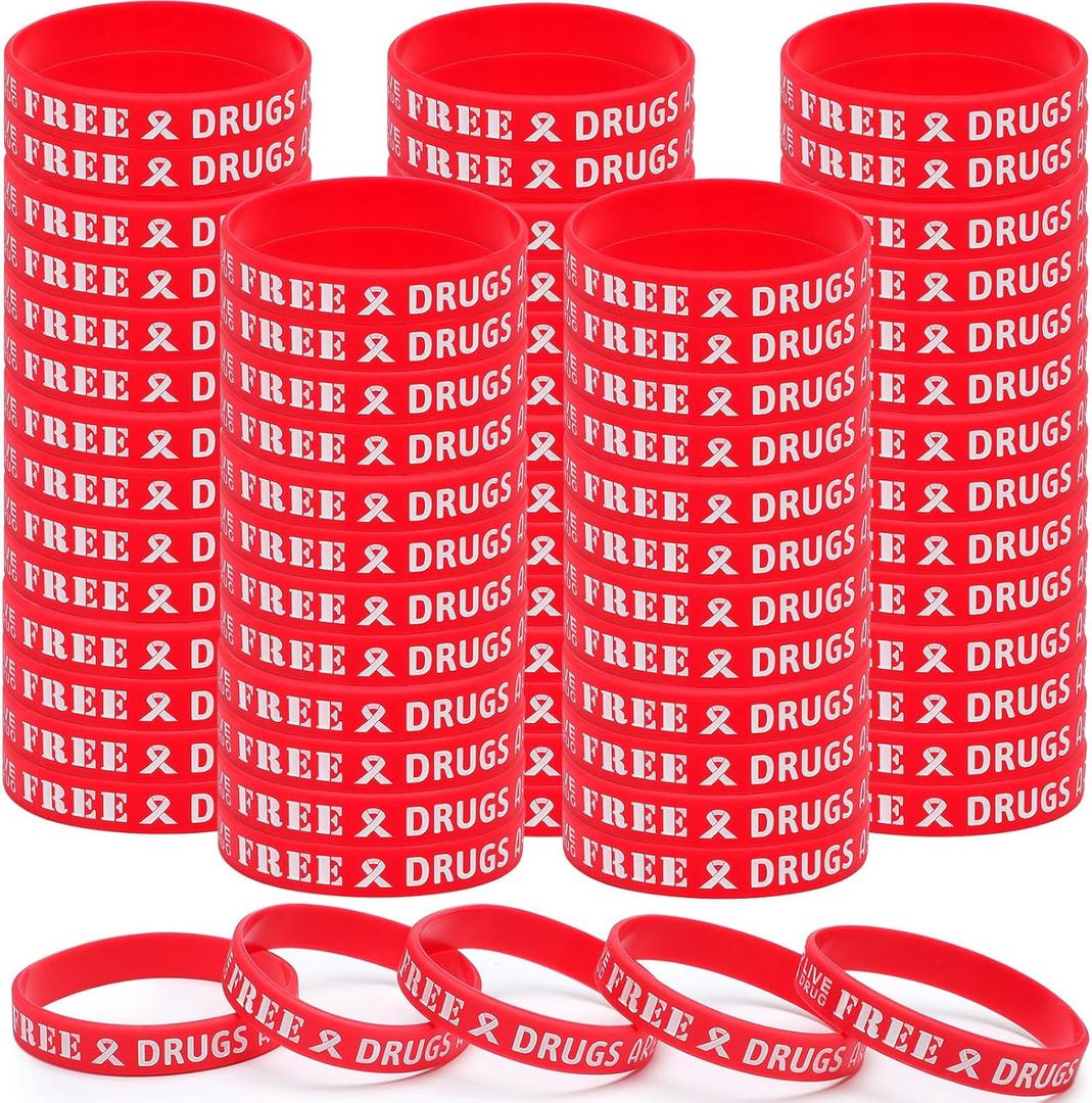 Jenaai 200 Pcs Red Ribbon Awareness Silicone Bracelets Drug Free Silicone Rubber Wristbands Red Ribbon Week Soft Wristbands for School Events Charity Campaigns Gifts Supplies