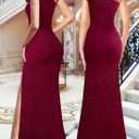 VFSHOW Womens Ruffle One Shoulder Formal Prom Gala Maxi Dress Evening Gown | V Neck, Bodycon, Sexy Ruched High Slit, Long Cocktail Wedding Guest Dresses, Party, Bridesmaid, Sparkly Dark Red, XS