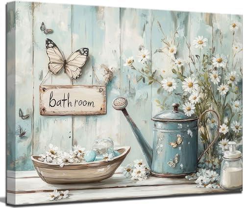 Vintage Farmhouse Bathroom Canvas Wall Art Rustic Flower and Butterfly Decor Pictures White Jasmine Flowers Watering Can Posters Prints for Bathroom Toilet Washroom Lavatory Home Decoration