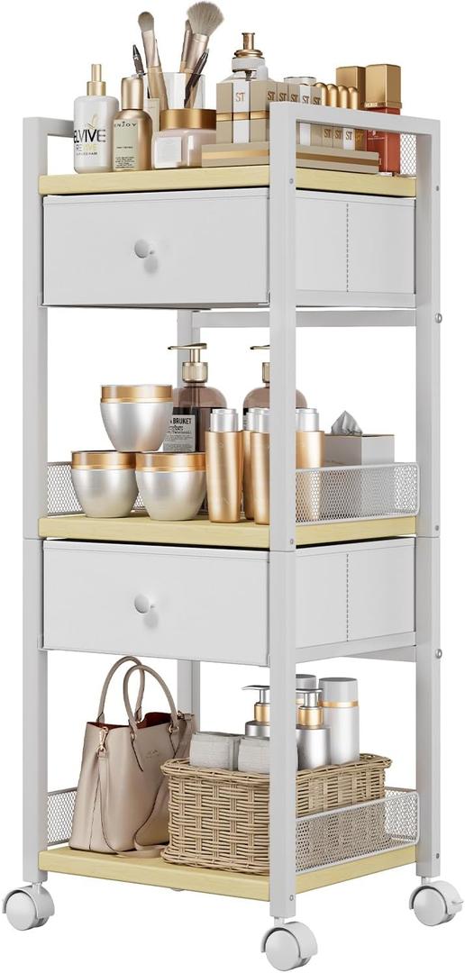 Flycity Makeup Organizer Cart with Drawers, 5 Tier Rolling Makeup Cart, Floor Skincare Organizers, Vanity Organizer Storage with Wheels Cosmetic Display Cases for Skin Care Perfume Nail Polish, White (11.4"D x 13"W x 34"H)