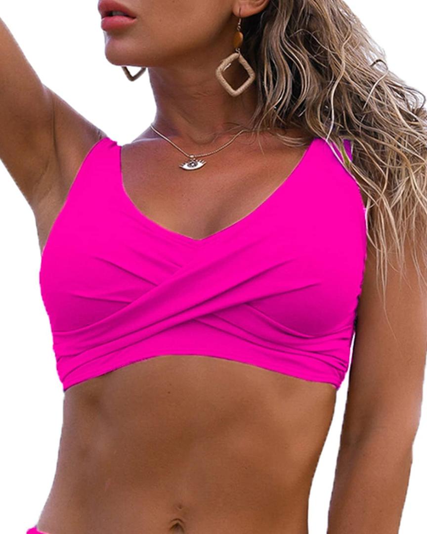 Fanuerg Women's Twist Front Bikini Top V Neck Push Up Padded Swimsuit Top Bathing Suits (Large, 01- Hot Pink)