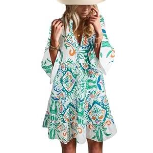 Opemiby Summer Dresses for Women 2026 Flowy Ruffle 3/4 Sleeve V Neck Tiered Casual Babydoll Boho Beach Mini Dress (White, S)