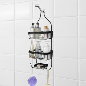Splash Home Bathroom Door or Hanging from Shower Head Caddy with Two Basket Organizers Plus Dish for Storage Shelves for Shampoo, Conditioner Soaps, 24 x 15 x 12 Inches Black