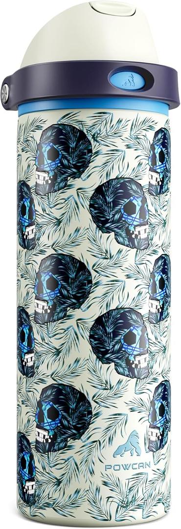POWCAN 24 oz Insulated Skull Water Bottle: Push-Button Spout & Quick-Flip Straw, Leakproof, Car Cupholder Friendly, Insulated Flask with Straw and Handle for Fitness, Trip, Gift (Frost Revenant)