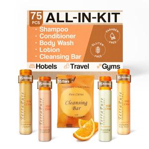 Terra Pure Wild Citrus Toiletries Set | 1-Shoppe Amenities Kit | 1oz Shampoo, Conditioner, Body Wash, Lotion, 1oz Bar Soap | 75 Pieces